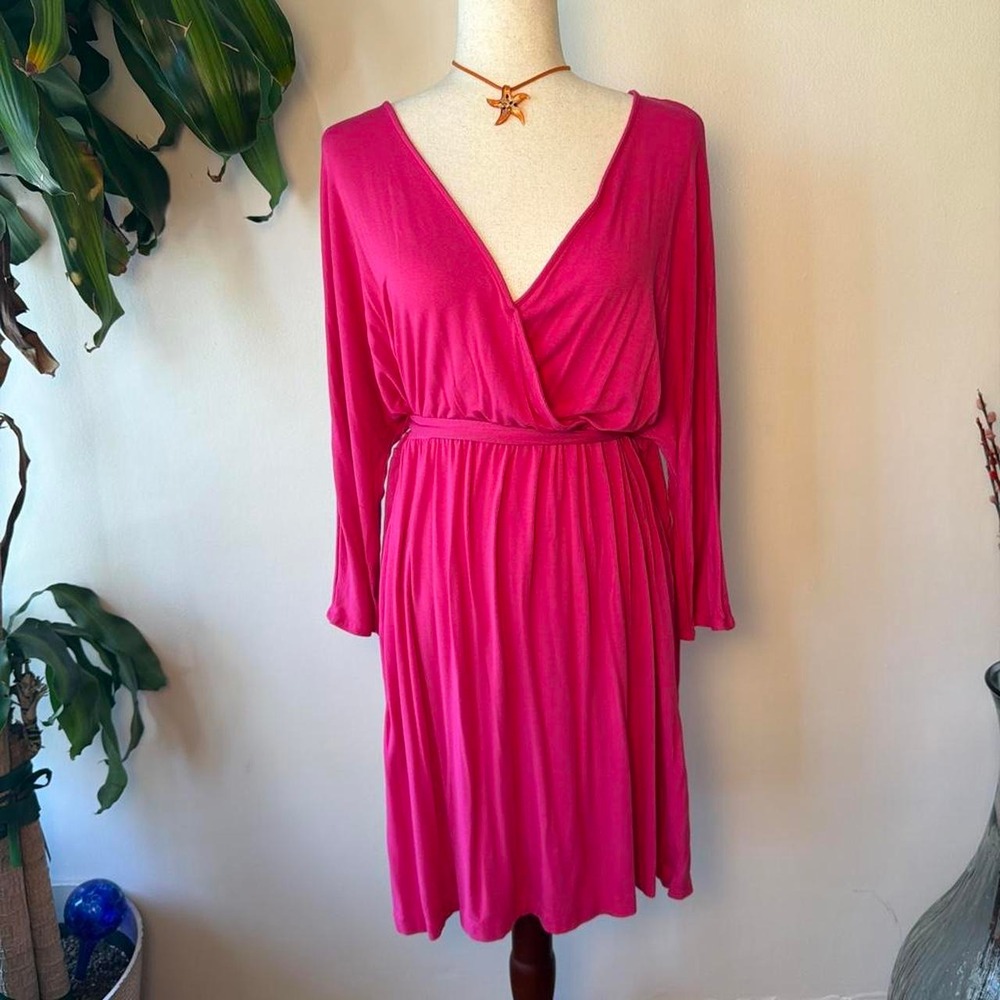 Lane Bryant Hot Pink Wrap Babydoll Dress Womens XL 14/16 Long Sleeve Y2K Boho